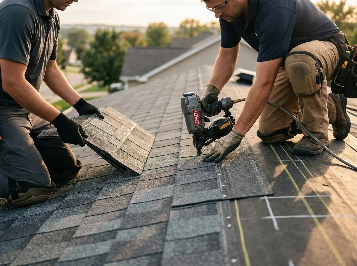 Professional roofer working on a residential roof in Mundelein